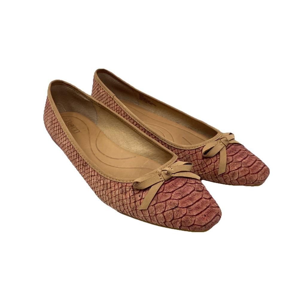 Born Carri Pink Snake Embossed Cork Upper Leather Ballet Flats Shoes Bow 8.5 M
